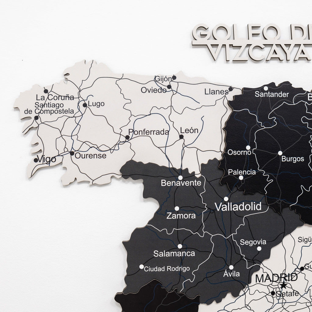 Modern Minimalist Wooden Map of Spain Wall Art in Black, Grey, White