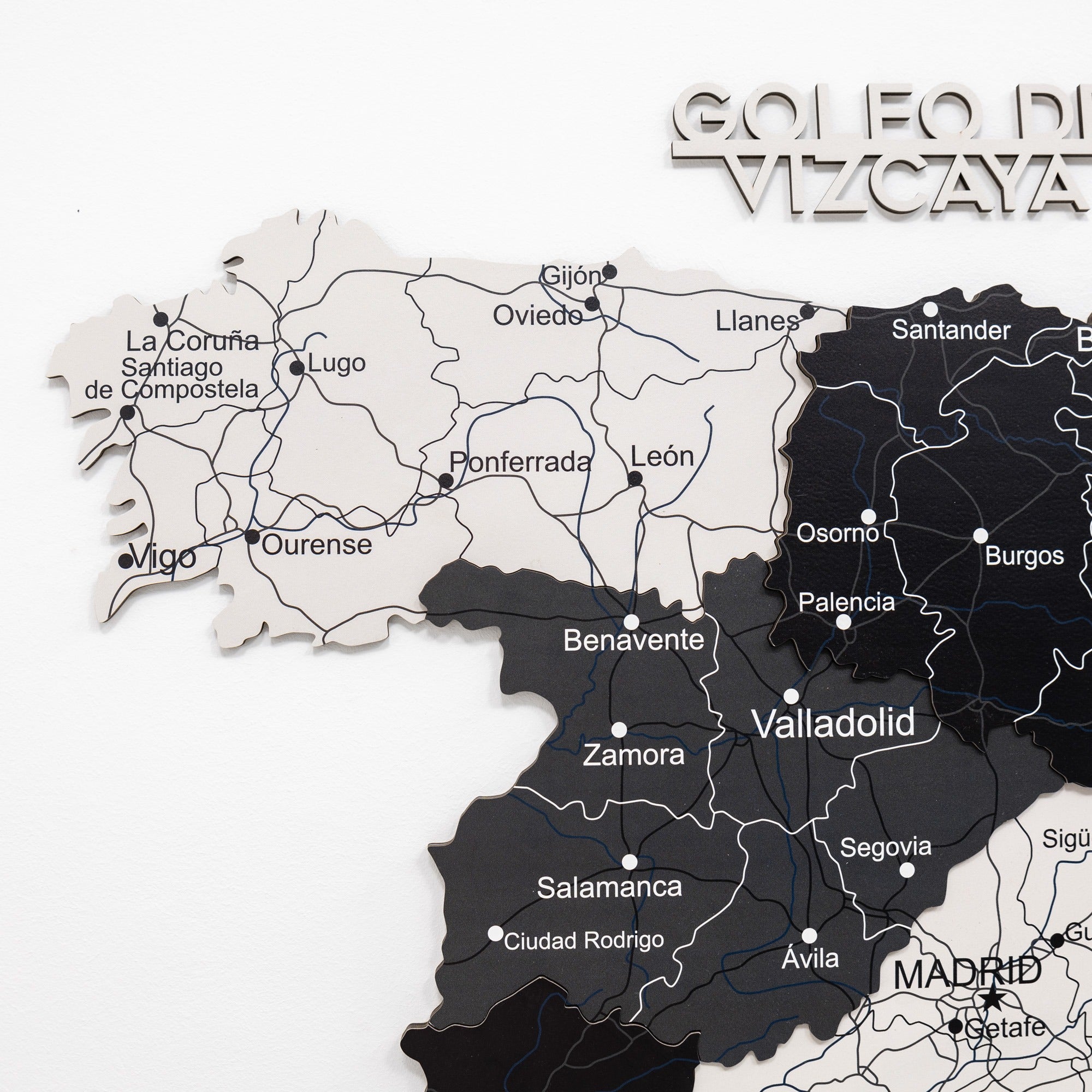 Modern Minimalist Wooden Map of Spain Wall Art in Black, Grey, White