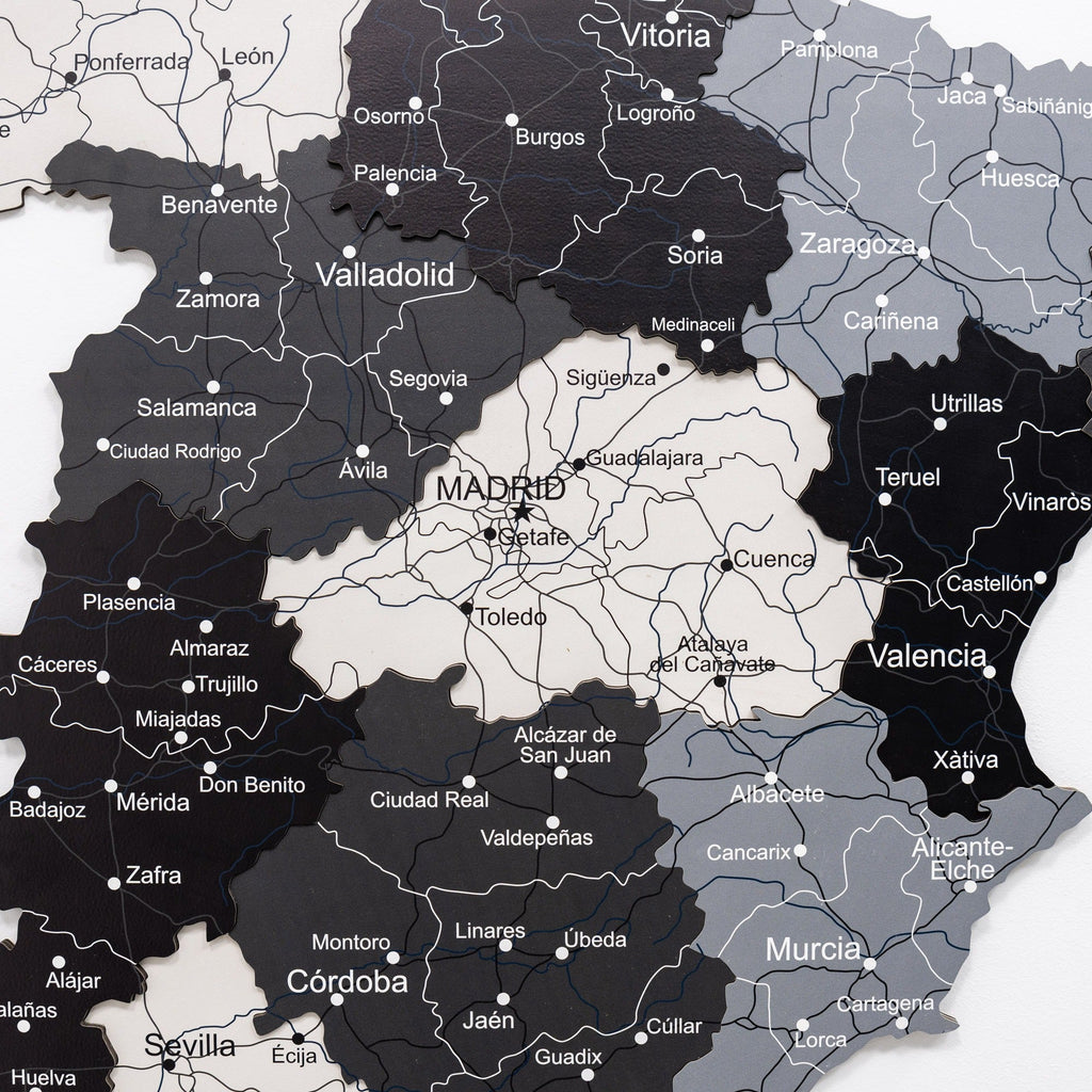 Modern Minimalist Wooden Map of Spain Wall Art in Black, Grey, White