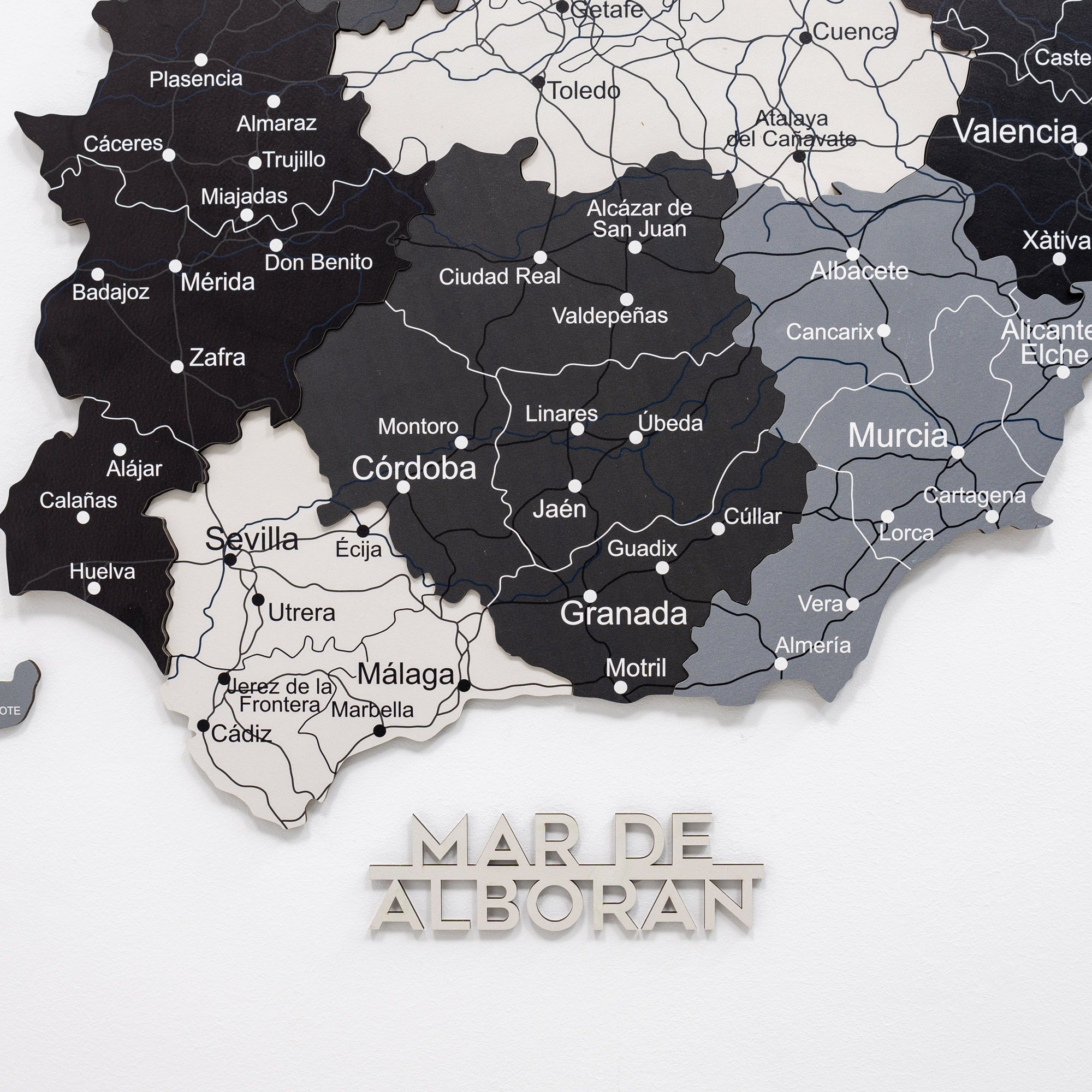 Modern Minimalist Wooden Map of Spain Wall Art in Black, Grey, White