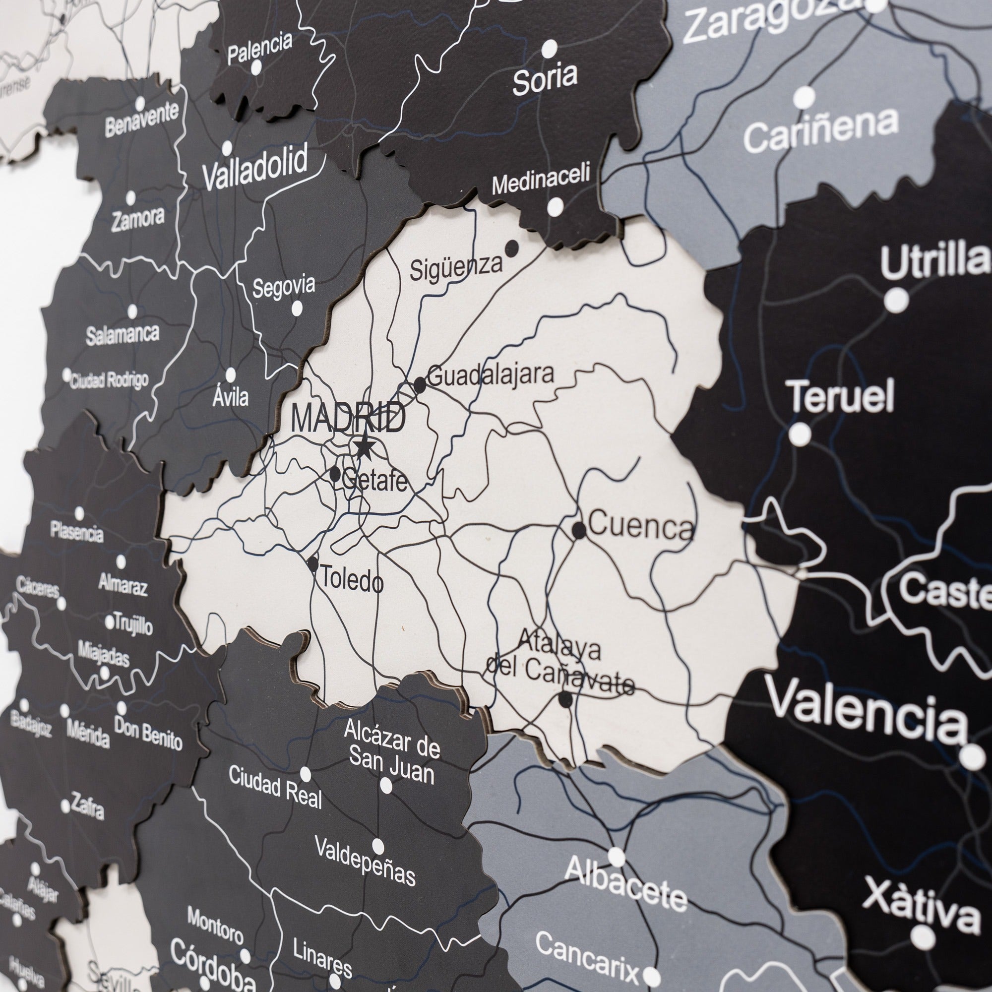 Modern Minimalist Wooden Map of Spain Wall Art in Black, Grey, White
