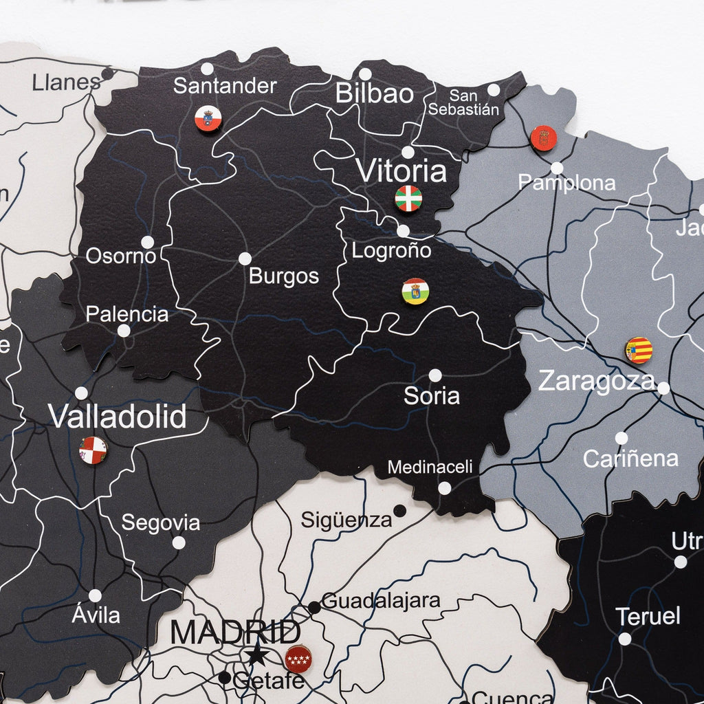 Modern Minimalist Wooden Map of Spain Wall Art in Black, Grey, White