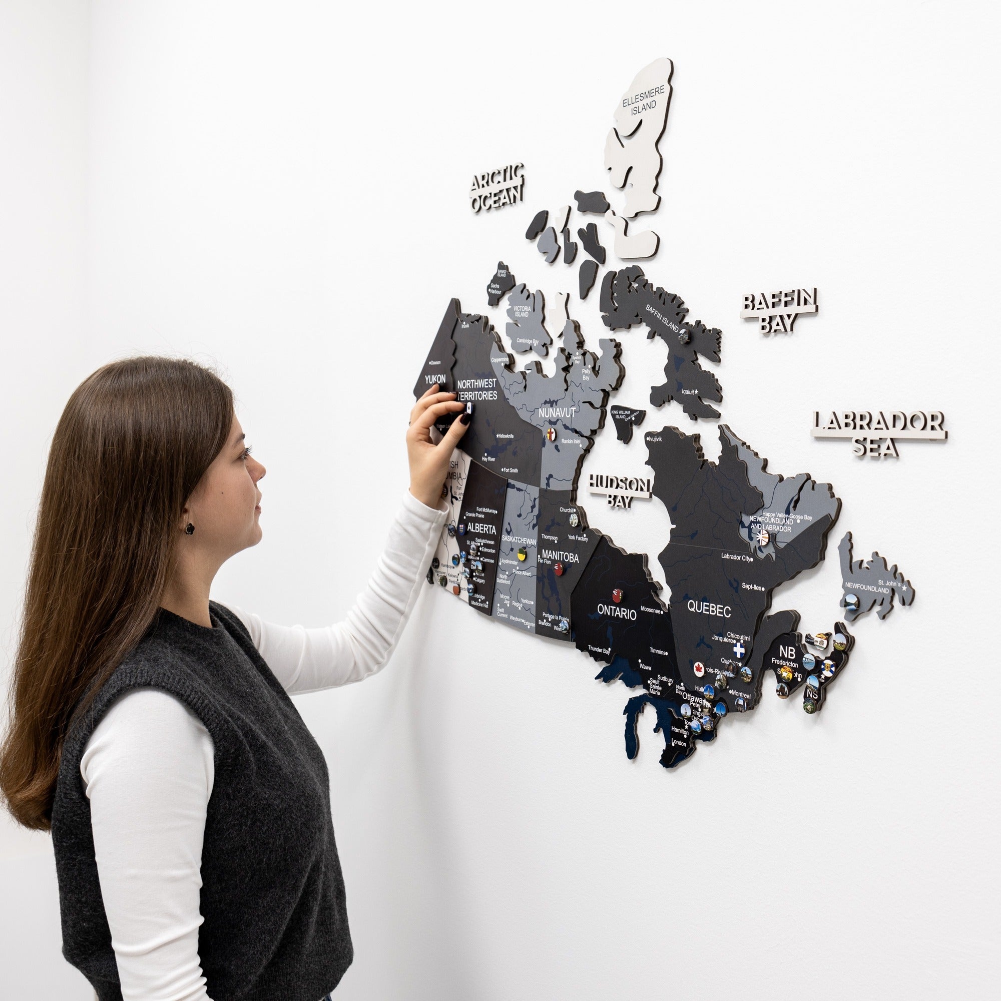 3D Wooden Map of Canada Nordik edition displayed on a modern office wall