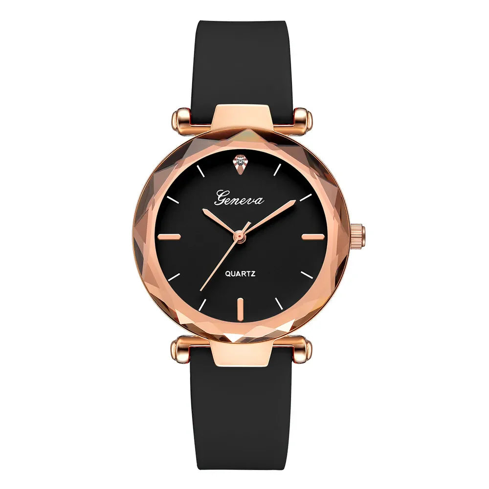 Women's Round Black Face Rose Gold Case Silicone Strap Watch - Image 3
