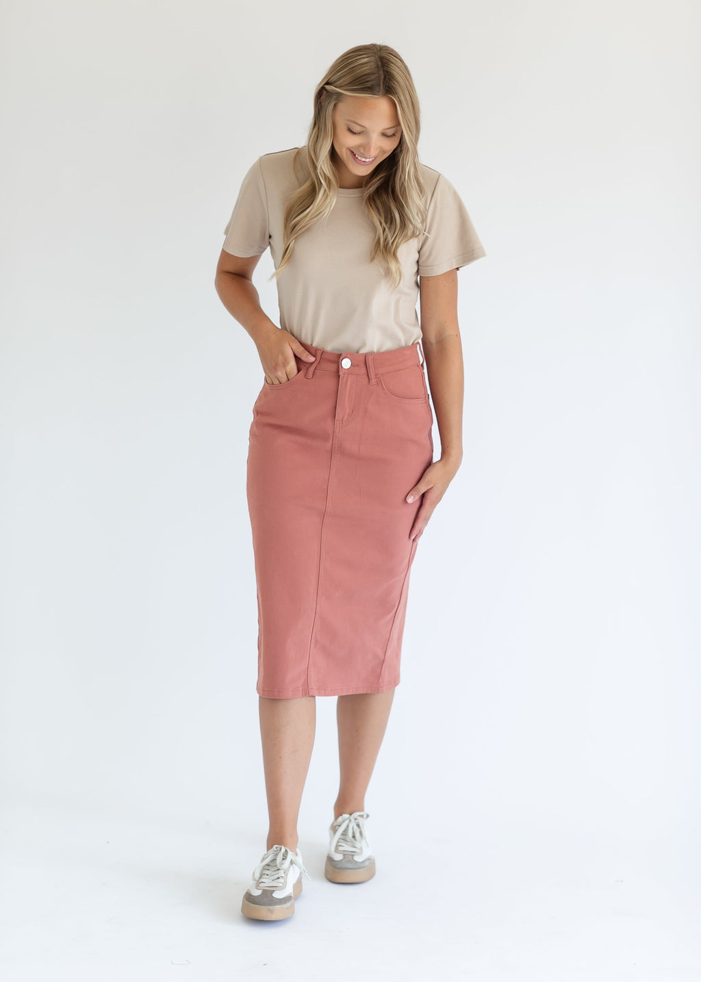 Remi Sienna Denim Midi Skirt | High-Rise Straight