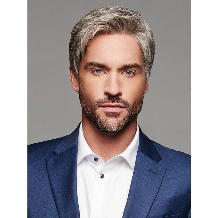 Reserved men's tapered hairpiece in silver grey for a natural groomed look