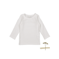 A flat lay of a solid white long-sleeve cotton ribbed tee for infants, displayed on a clean background.
