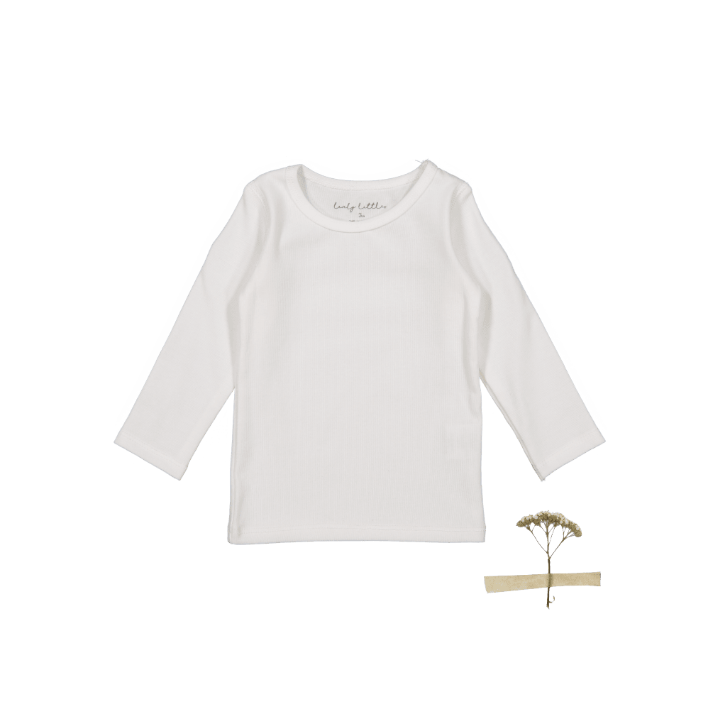 A flat lay of a solid white long-sleeve cotton ribbed tee for infants, displayed on a clean background.