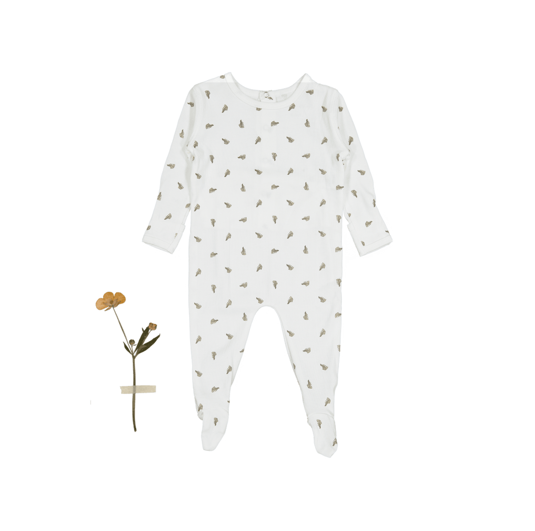 White long-sleeve baby romper with small leaf print and footed bottom