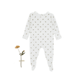 White long-sleeve baby romper with small leaf print and footed bottom