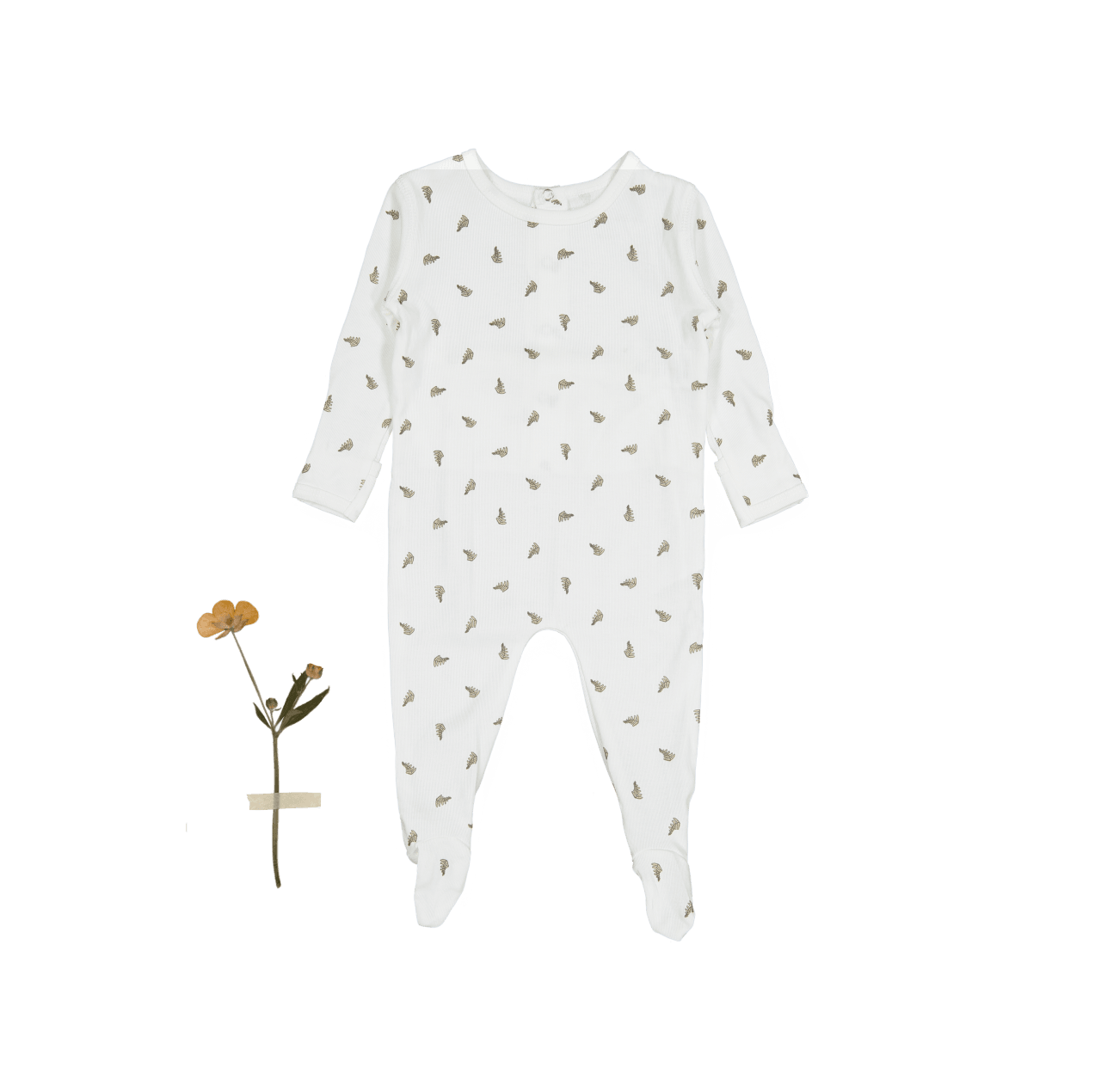 White long-sleeve baby romper with small leaf print and footed bottom