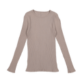 A long-sleeved women's ribbed crew neck tee in a neutral taupe color laid flat against a white background.