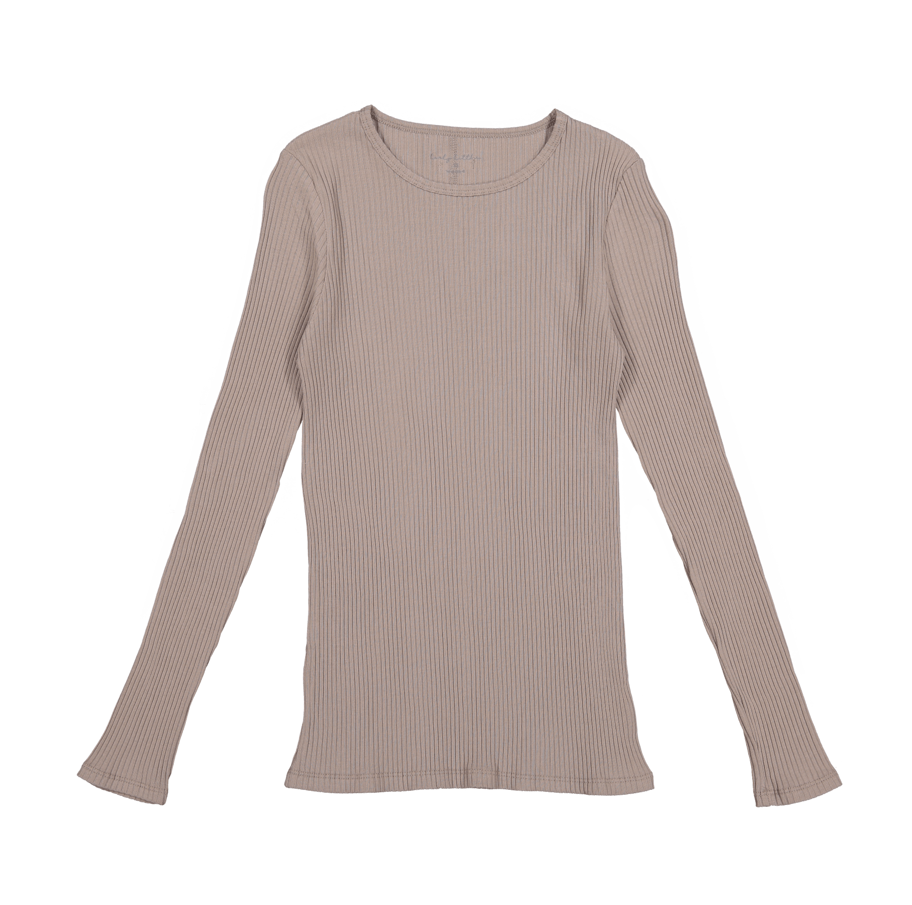 A long-sleeved women's ribbed crew neck tee in a neutral taupe color laid flat against a white background.