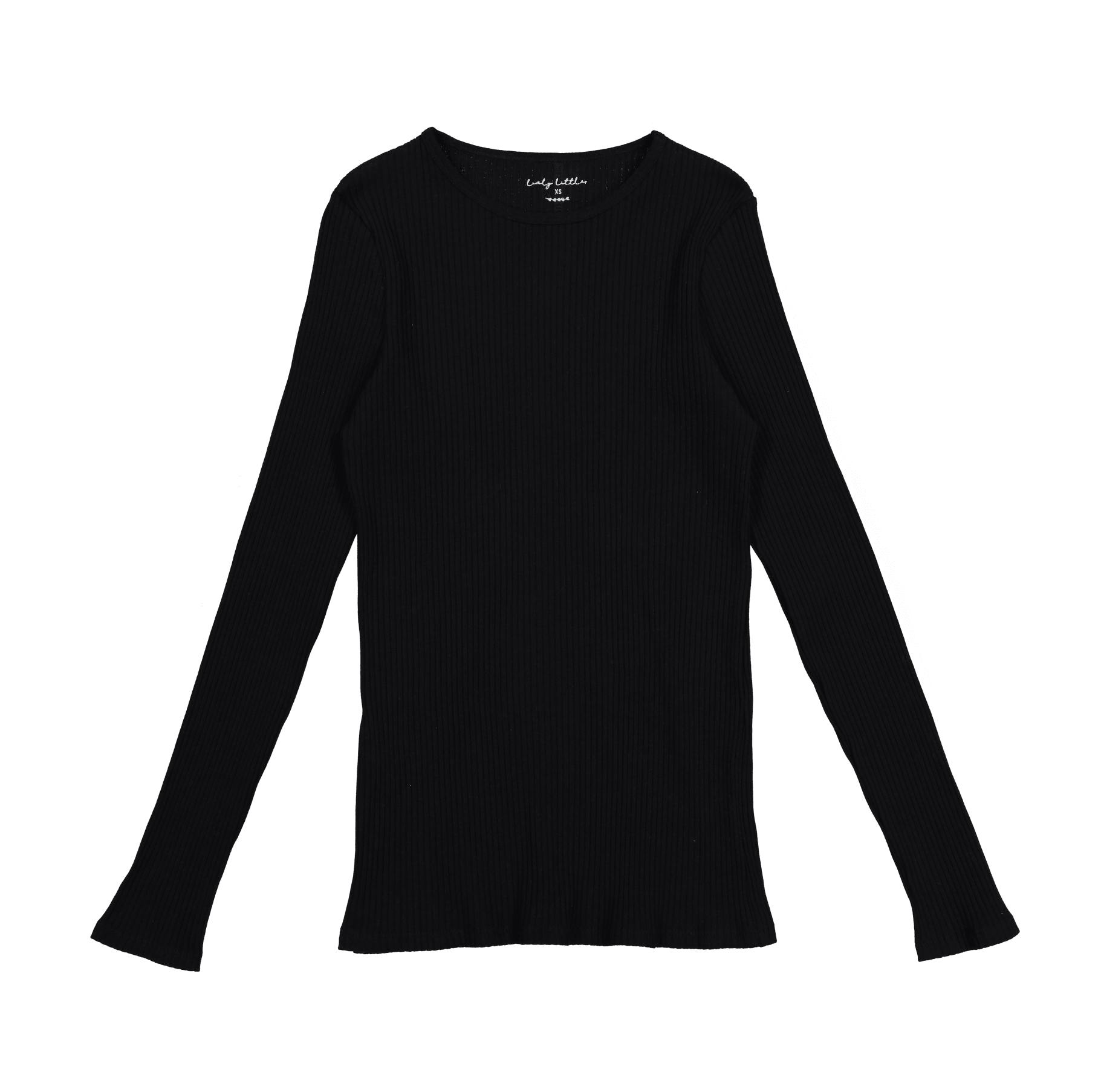 Women's black long sleeve ribbed knit tee with crew neckline