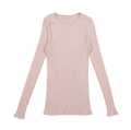A mauve long sleeve ribbed crew neck women's t-shirt on a white background.