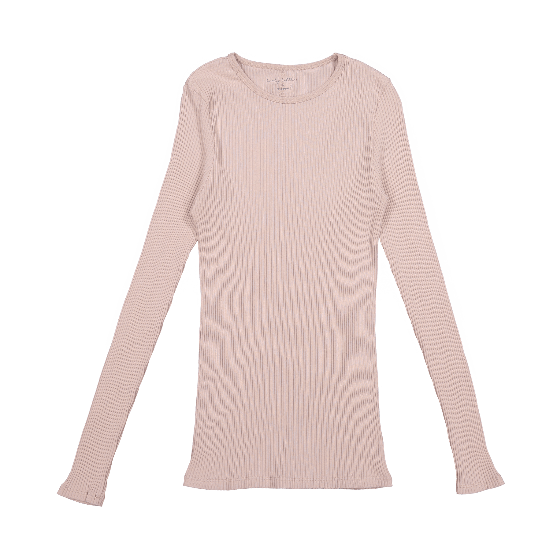 A mauve long sleeve ribbed crew neck women's t-shirt on a white background.