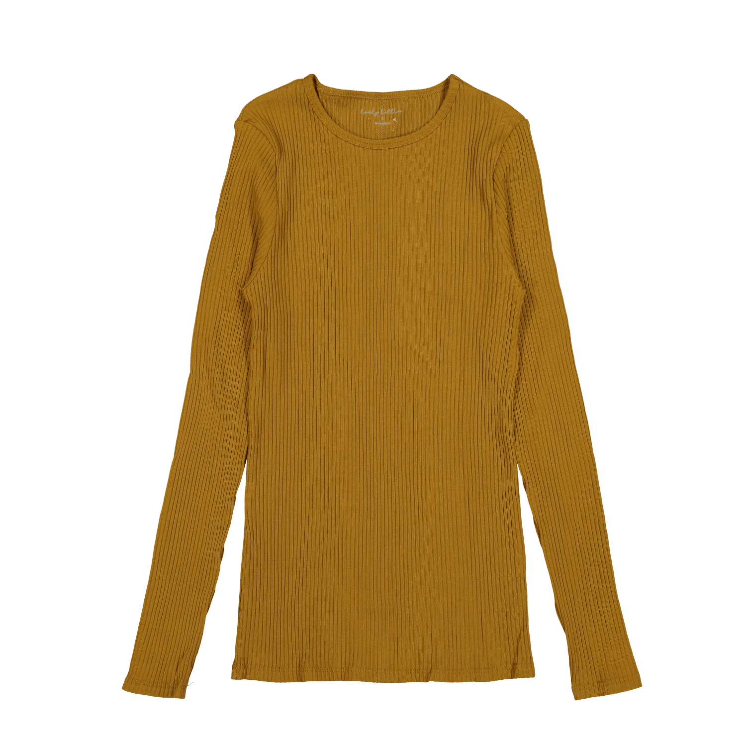 Women's long sleeve ribbed crew neck tee in a solid cider color against a white background.