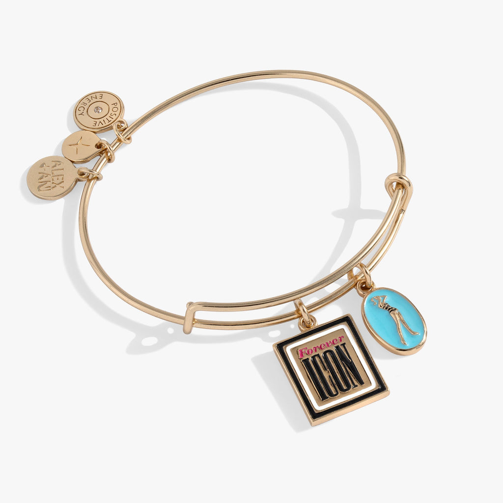 Retro Barbie charm bangle with a blue enamel silhouette charm and a Forever Icon square charm