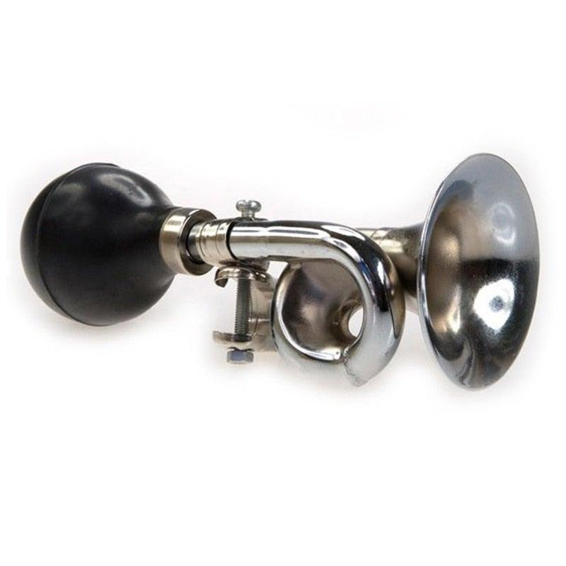 Vintage style 18cm metal bicycle horn in silver with a black rubber bulb
