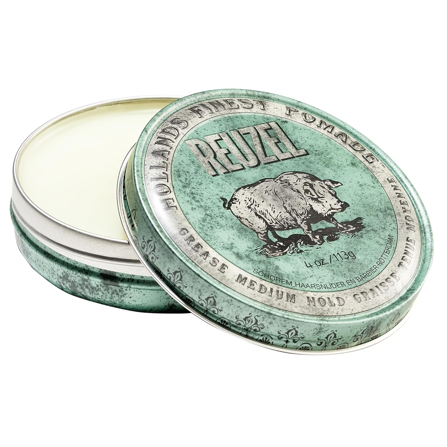 Reuzel Green Grease Pomade 4oz tin for medium hold and high shine styling