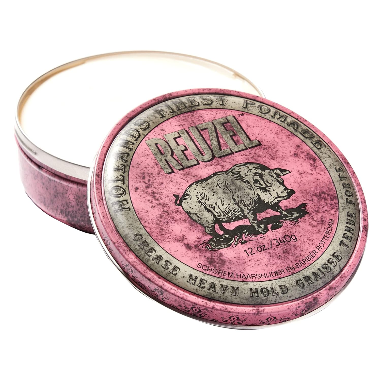 Reuzel Pink Grease Pomade 4oz tin featuring classic barber styling packaging