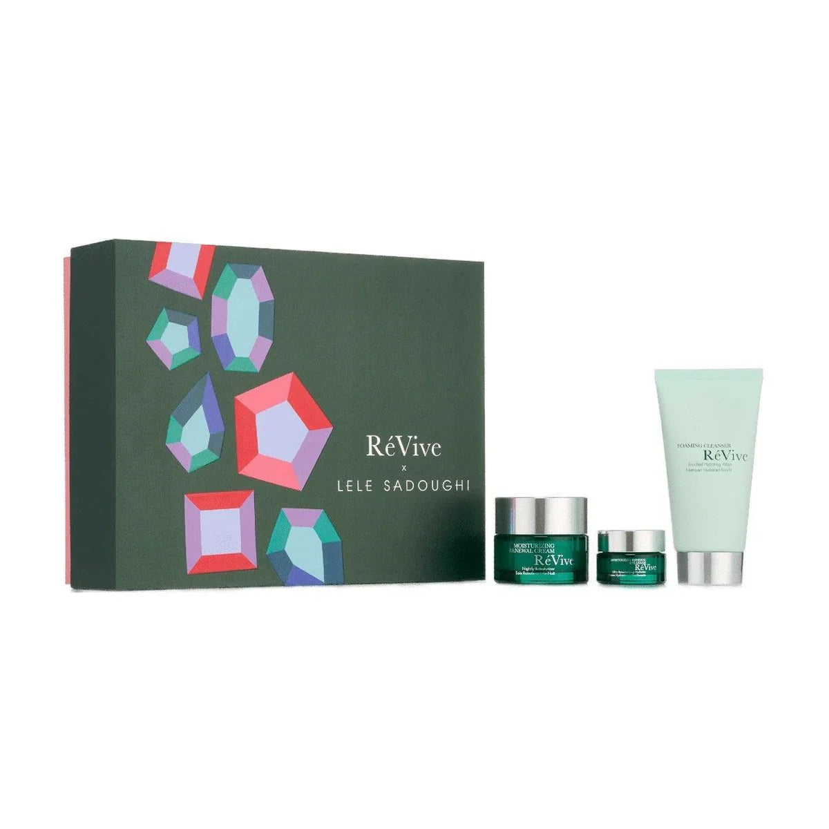 RéVive RéNewal Icons Set in deep forest green packaging with Lele Sadoughi gem accents.