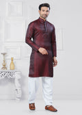 Men wearing a Marron Jacquard Silk printed straight kurta with matching pyjamas