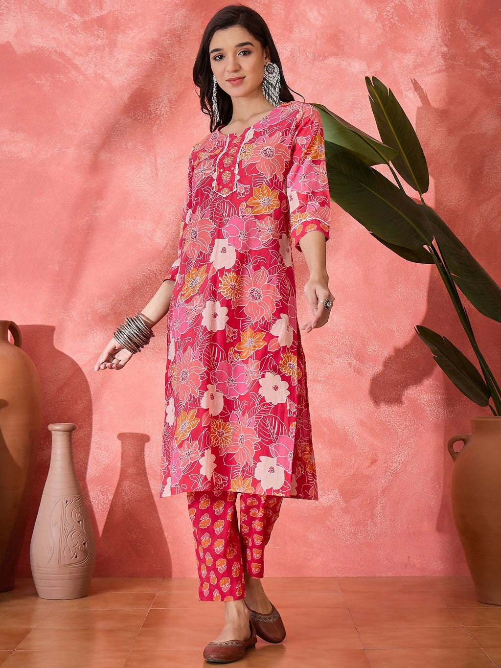 Women's Printed Pink Pure Cotton Kurta Set