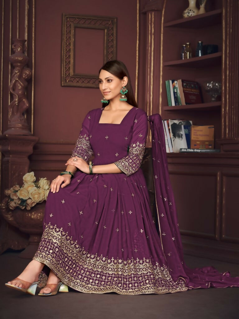 Purple Georgette Embroidered Anarkali Kurta Pant Set with Dupatta