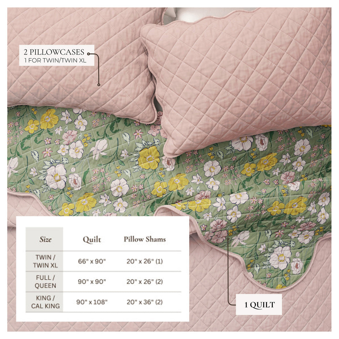 Floral Print Scalloped Edge Reversible Cotton Quilt Set - Image 4