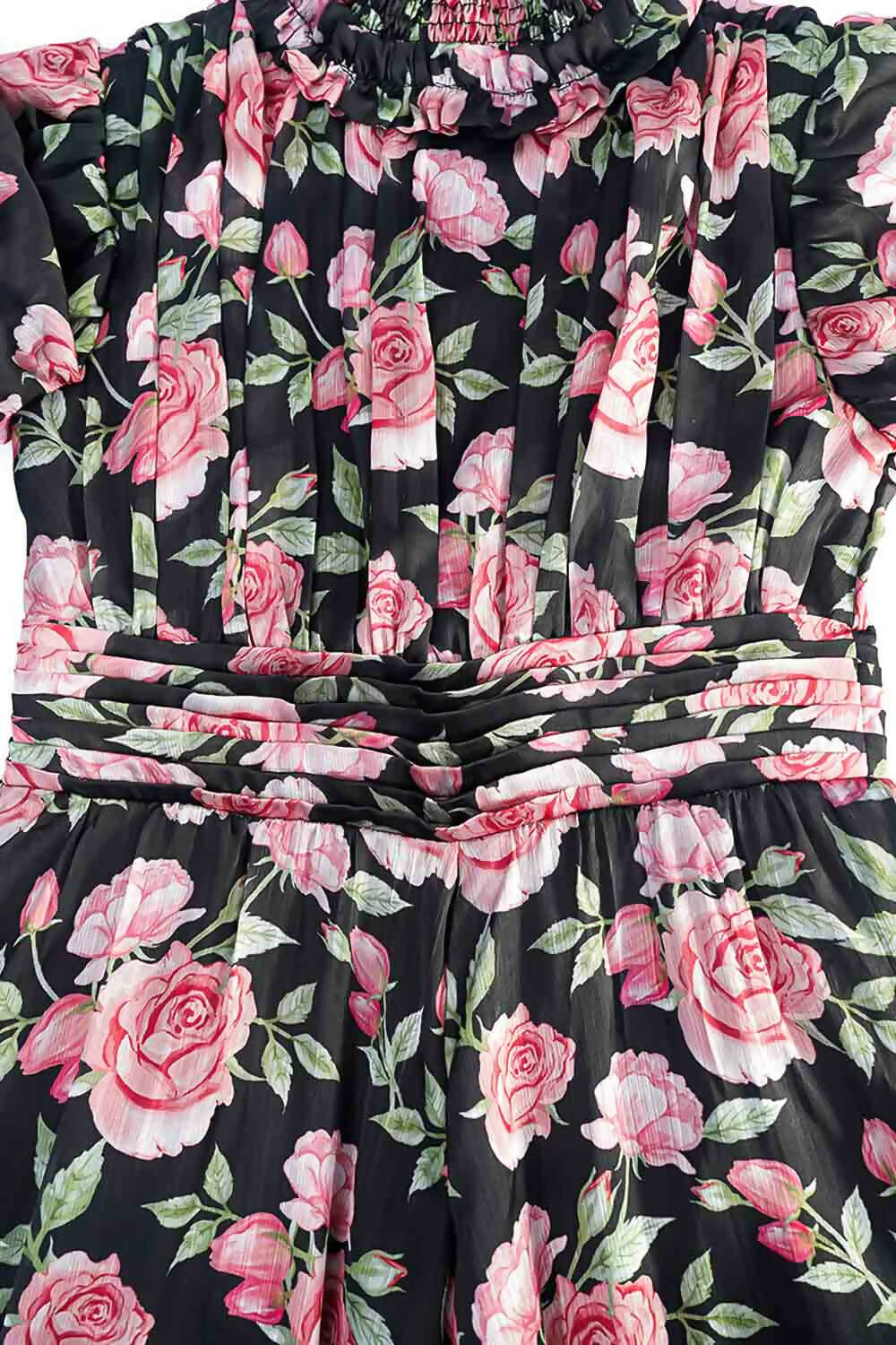 Girls Black Chiffon Maxi Dress - Elegant Flared Shirred Runway Rose