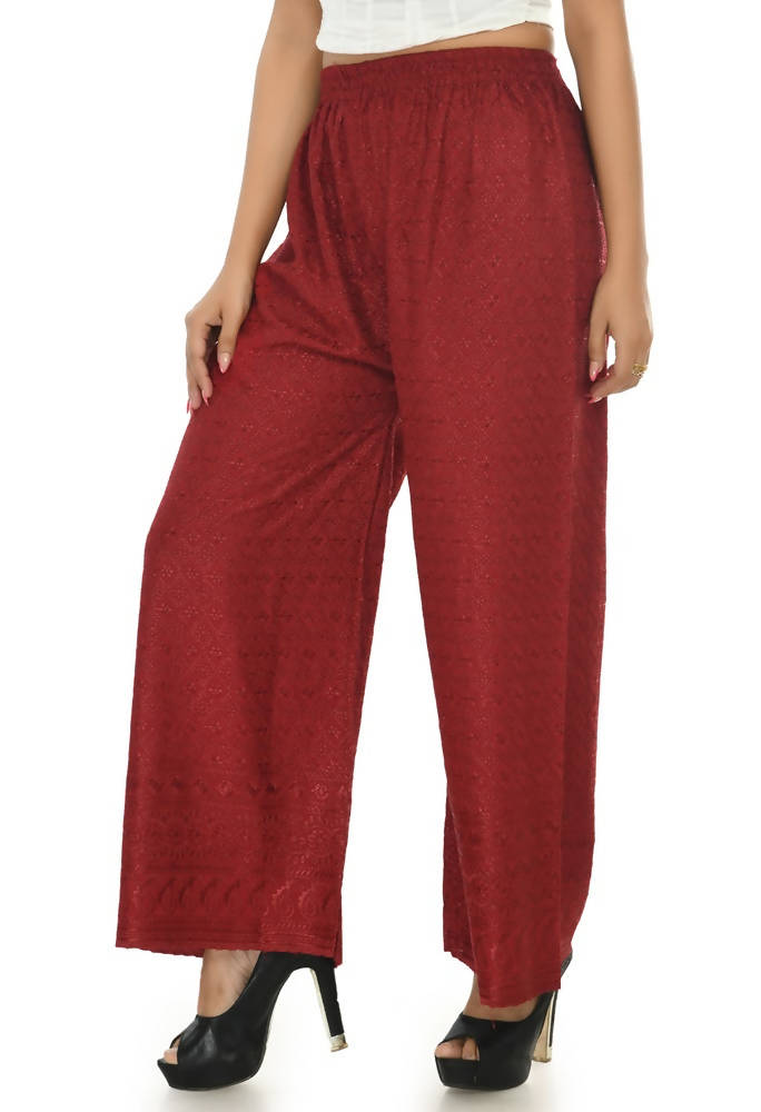 Maroon rayon cotton palazzo pants with detailed white Chikankari embroidery work.