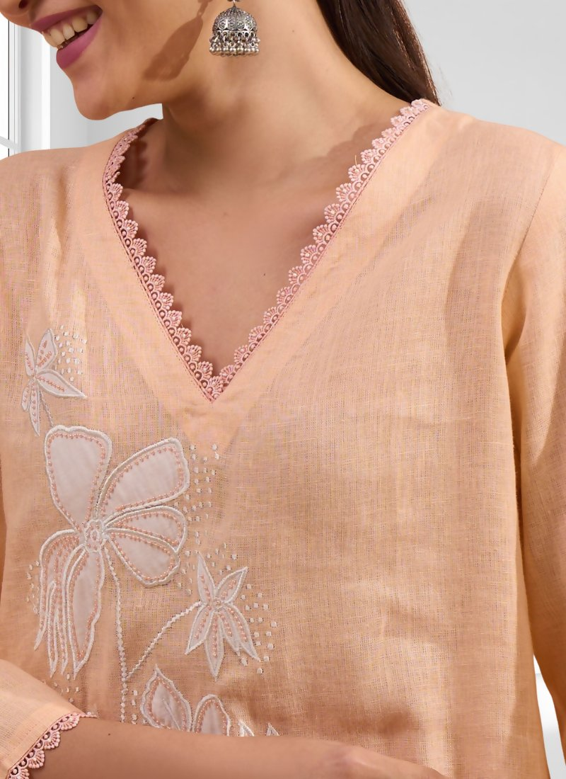 Coral Linen Embroidered V-Neck Long Kurta Set with Pant