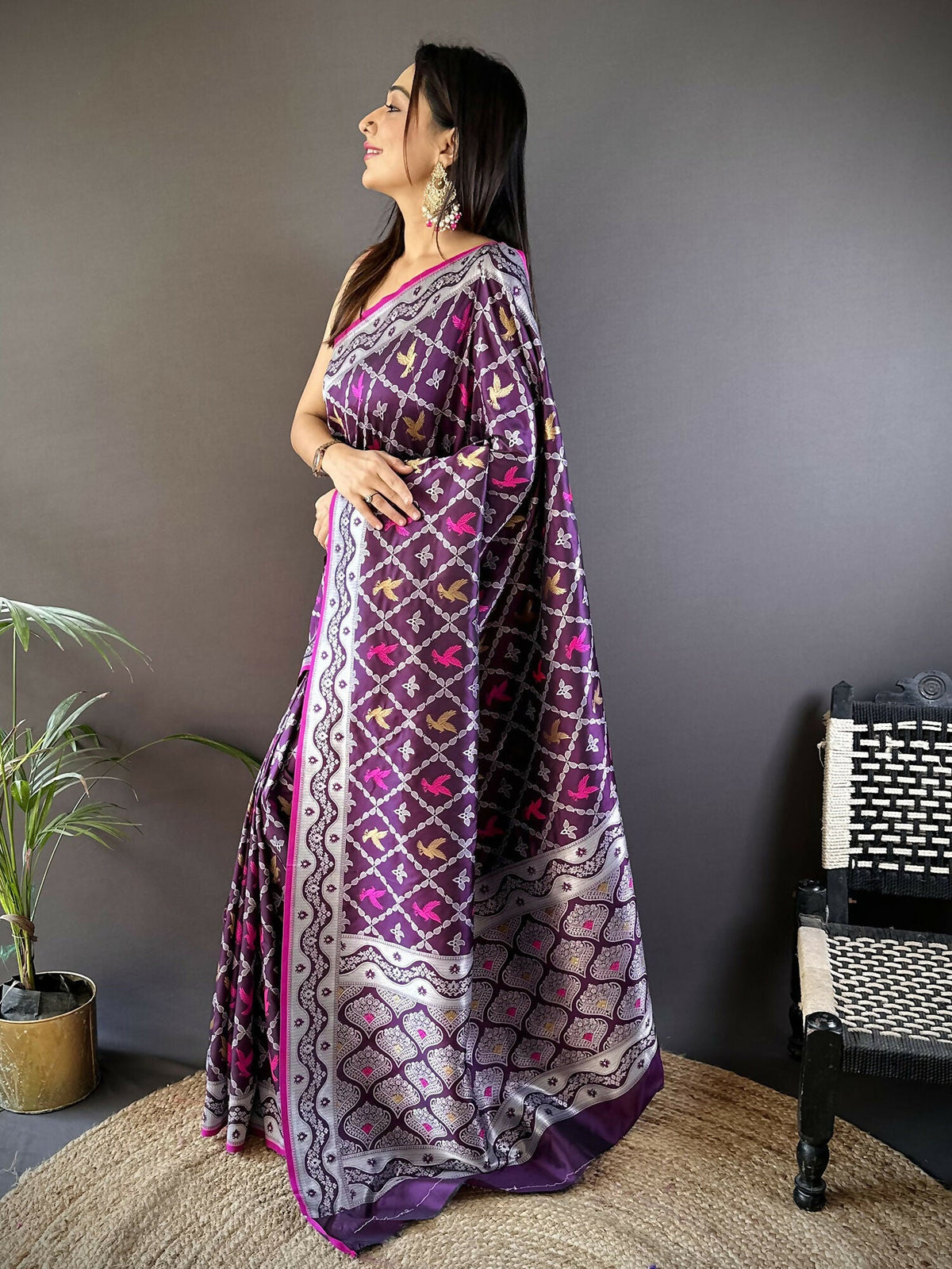 Purple Jacquard Woven Lichi Soft Silk Banarasi Saree with Blouse