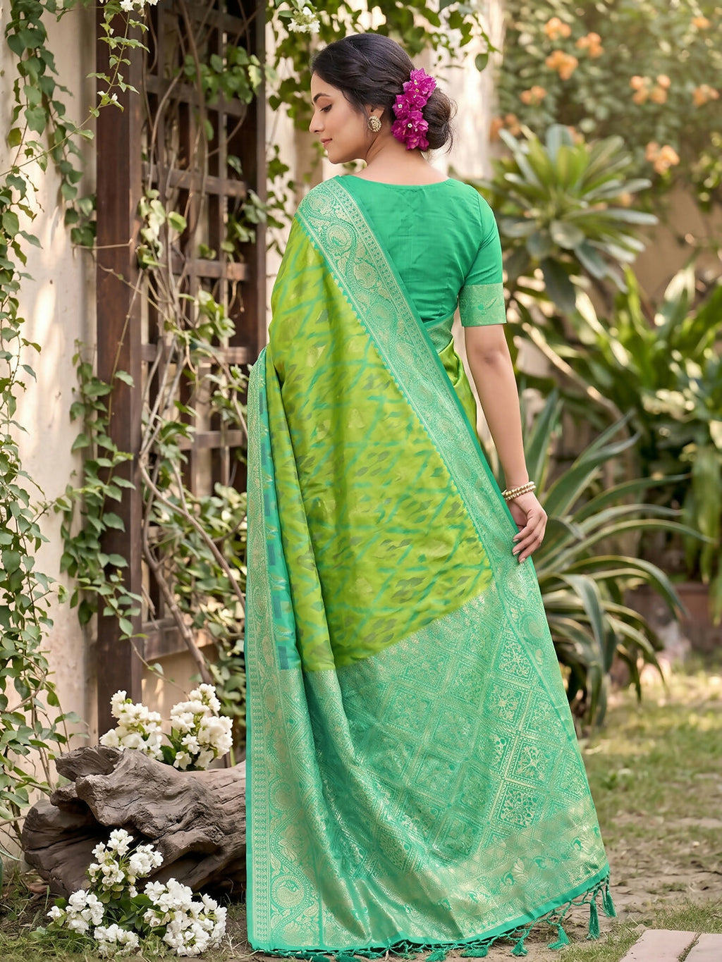 Rama Green Soft Silk Saree with Matching Blouse Piece