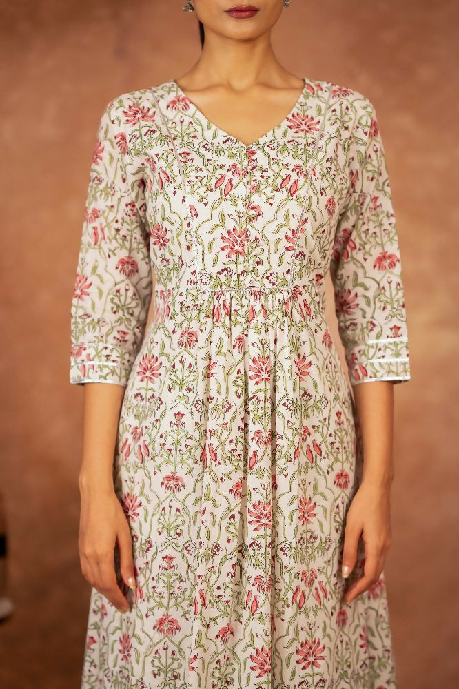 Green & Pink Hand Block Printed Cotton Suit Set for Women