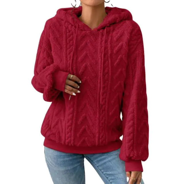 Women's Plush Textured Pullover Hoodie with Drawstring - Image 12
