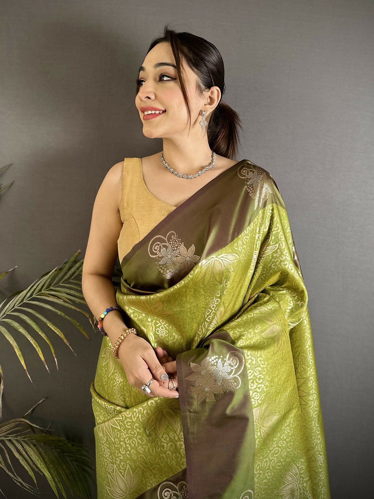 Dusty Green Dharmavaram Soft Silk Saree with Intricate Zari Weaving