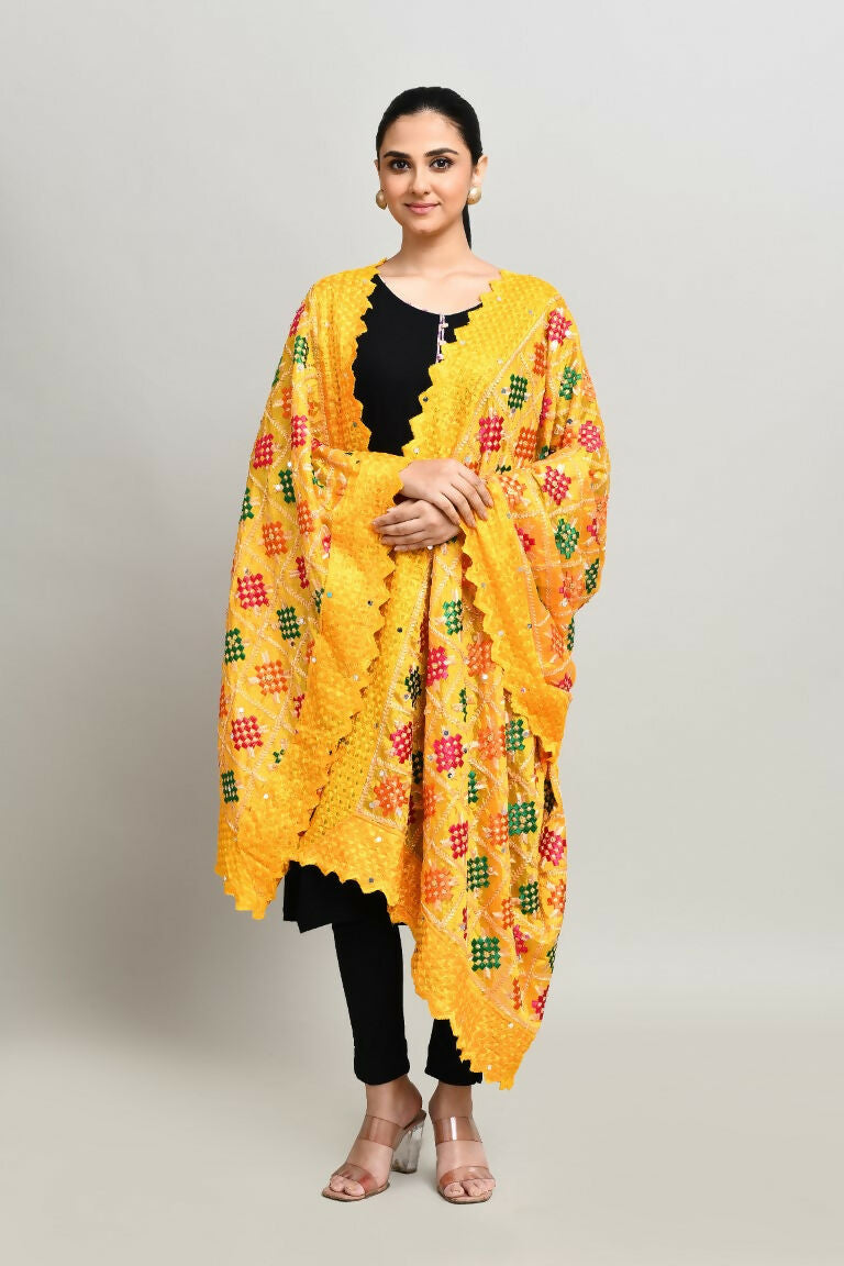 Multi Color Phulkari Dupatta with Traditional Cotton Embroidery