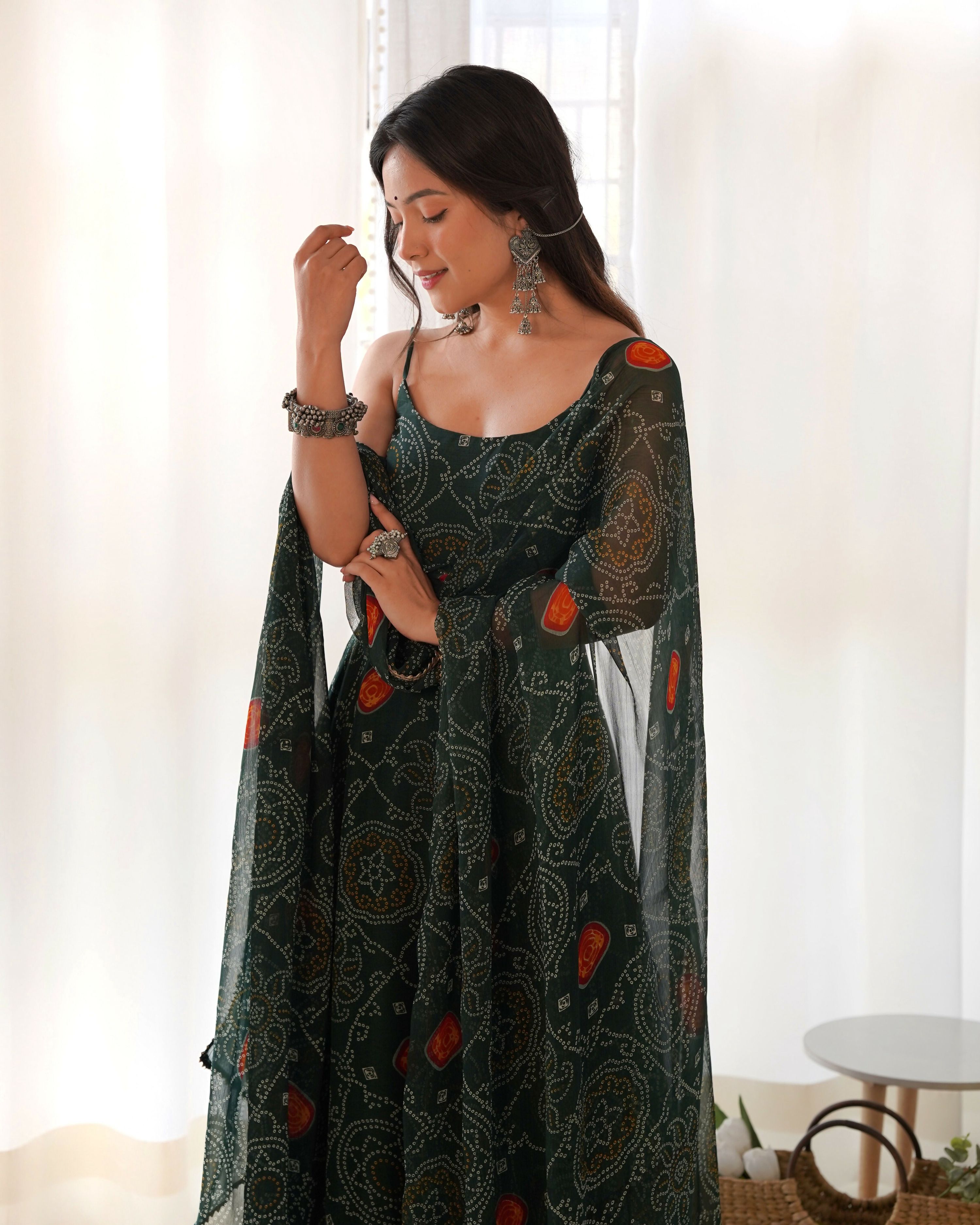 Bottle Green Chiffon Kurta with Sequin Embroidery Work