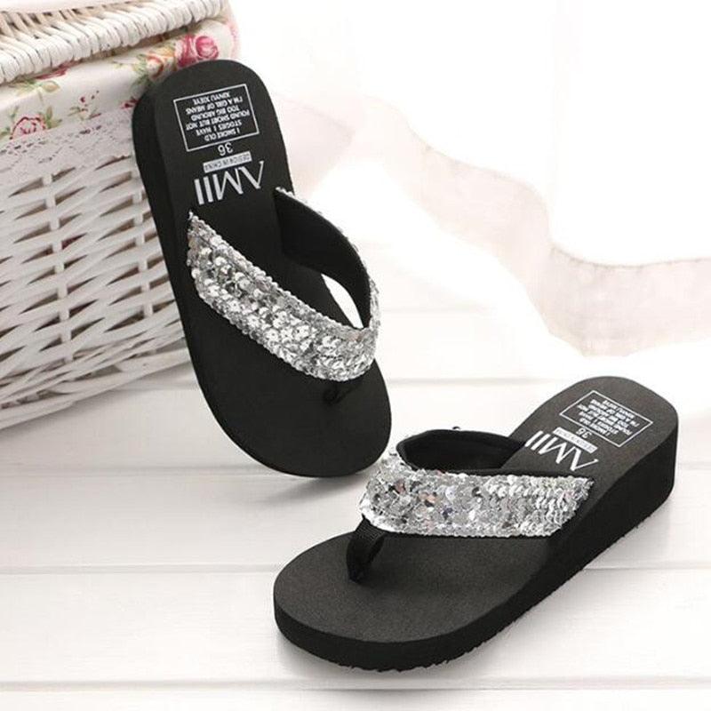 Close up of Rhinestone Crystal Bling Beach Slides showing the canvas texture and thick platform sole.