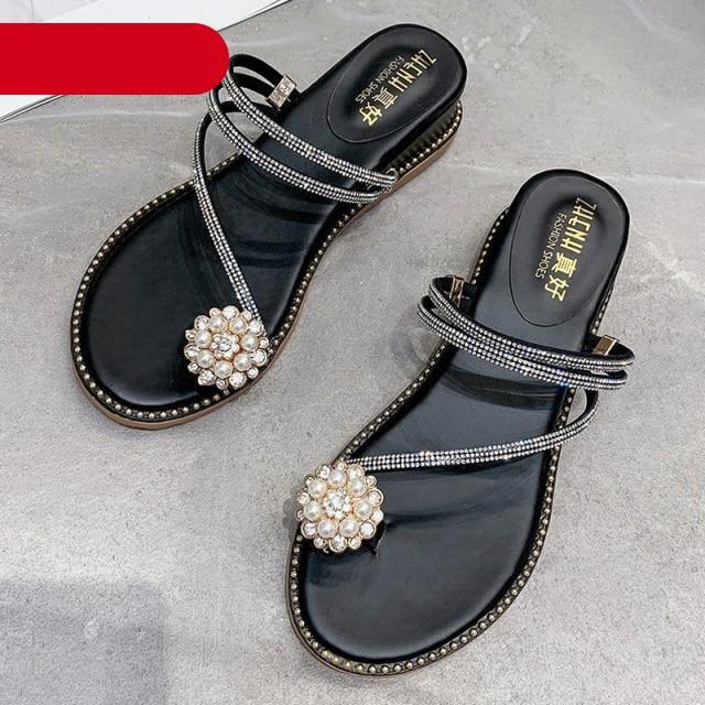 Women's Rhinestone Crystal Flat Sandals Casual Beach Flip Flops