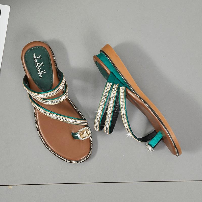 Women's Rhinestone Crystal Flat Sandals Casual Beach Flip Flops