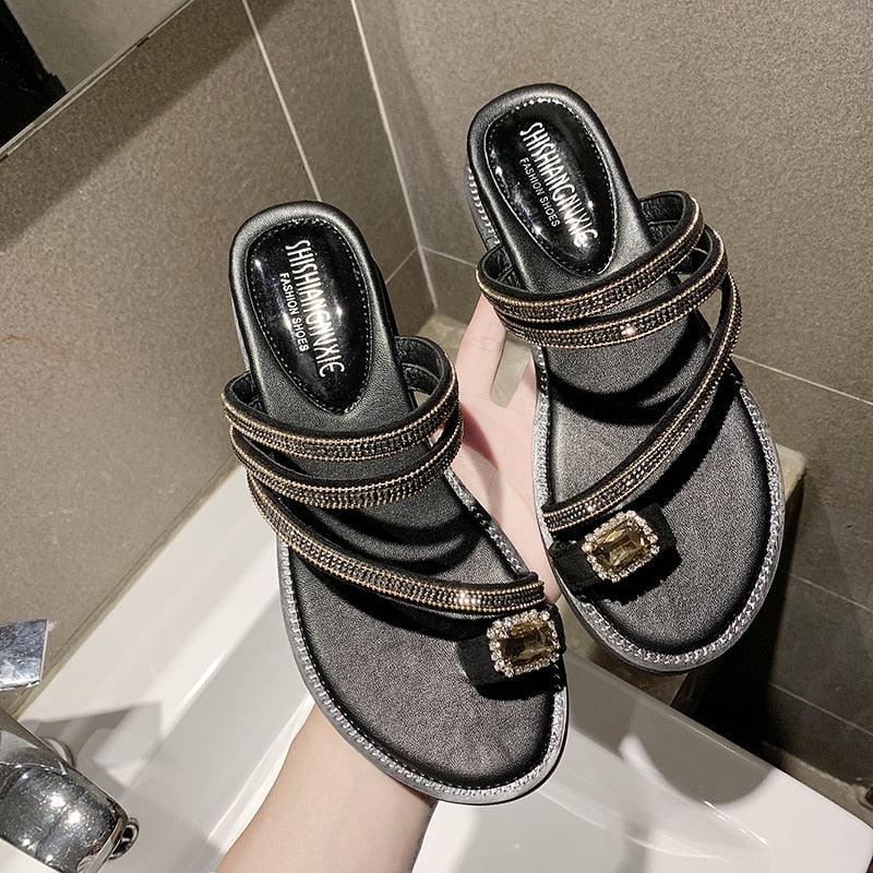 Women's Rhinestone Crystal Flat Sandals Casual Beach Flip Flops