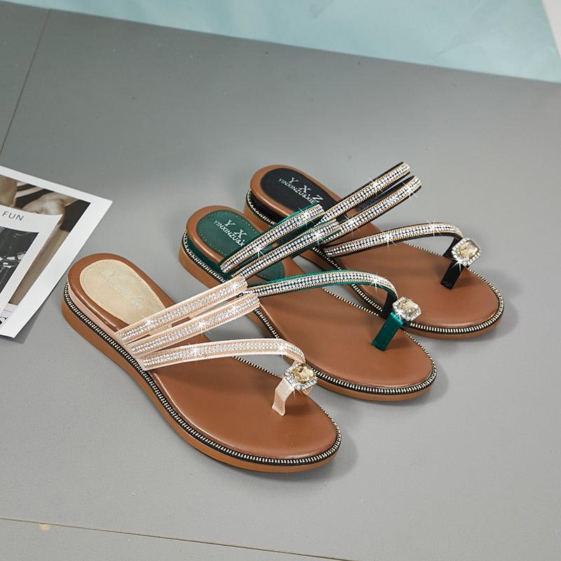 Women's Rhinestone Crystal Flat Sandals Casual Beach Flip Flops