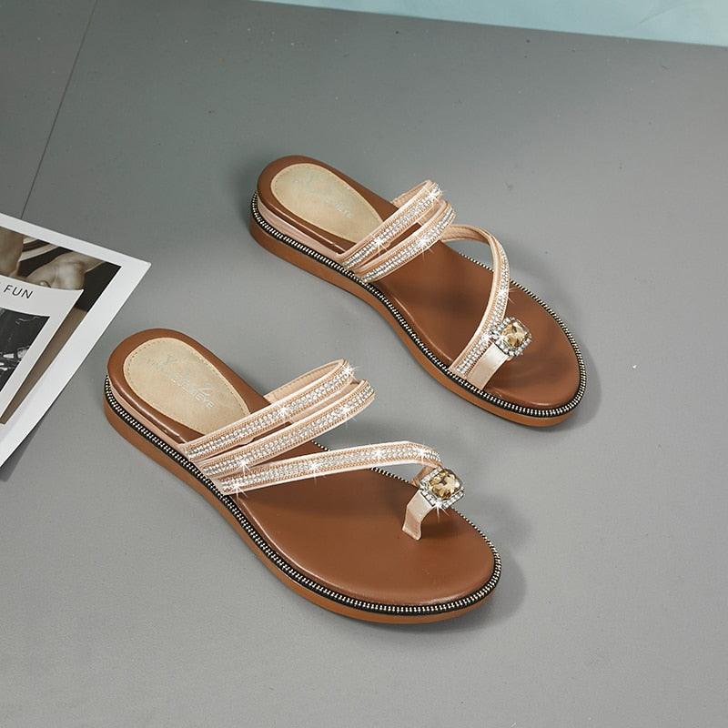 Women's Rhinestone Crystal Flat Sandals Casual Beach Flip Flops