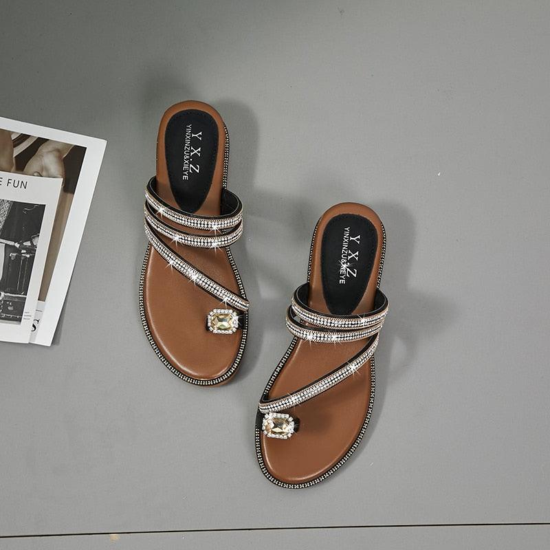 Women's Rhinestone Crystal Flat Sandals Casual Beach Flip Flops