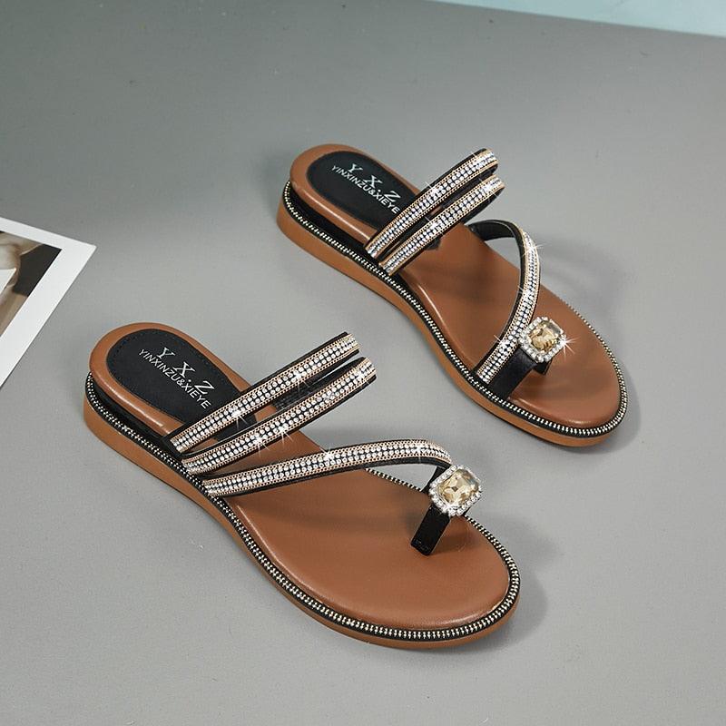 Women's Rhinestone Crystal Flat Sandals Casual Beach Flip Flops