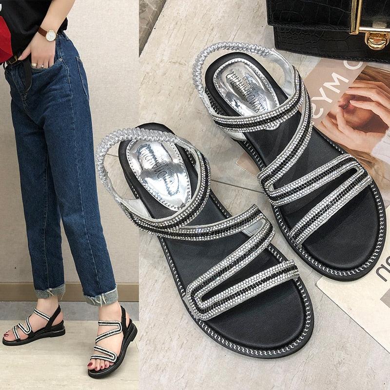 Women's Rhinestone Crystal Flat Sandals Casual Beach Flip Flops