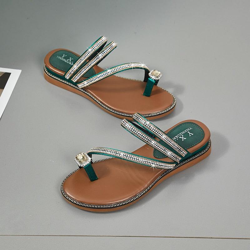 Women's Rhinestone Crystal Flat Sandals Casual Beach Flip Flops